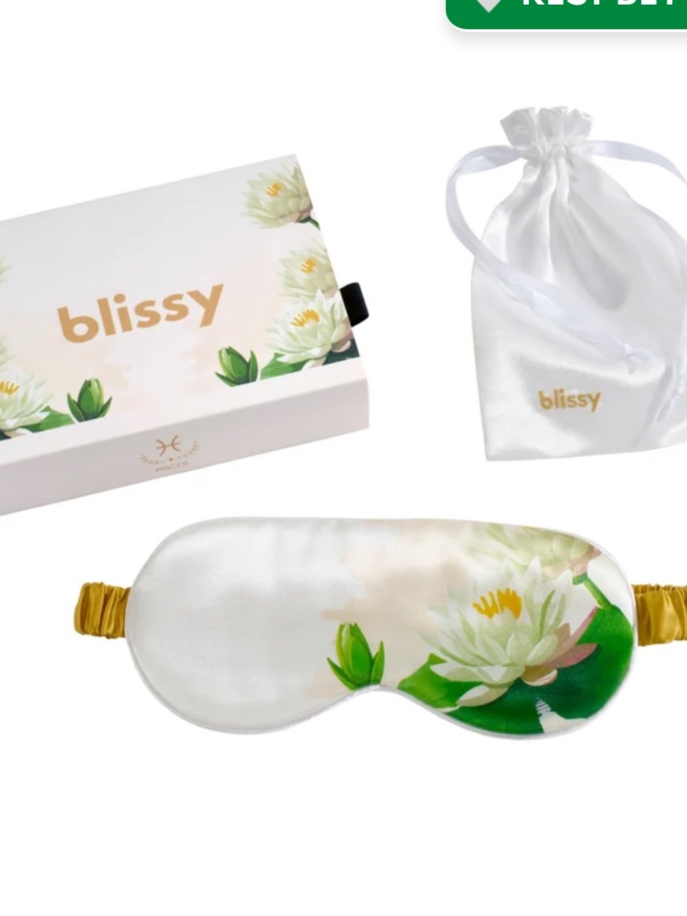 New in box- Blissy White & Green Floral Silk Sleep Mask with Gold Strap - Pisces